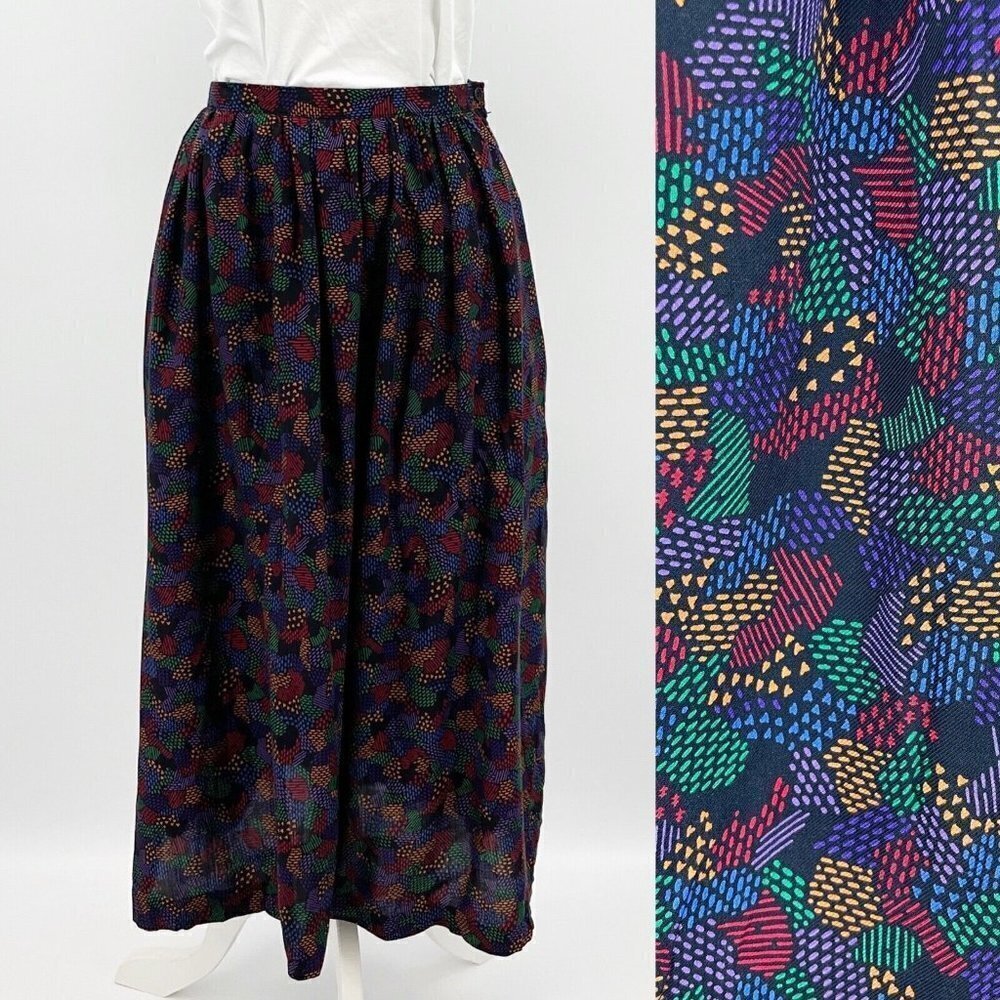 Vintage 70s/ 80s Colorful Geometric Print Rayon Midi Skirt Pockets